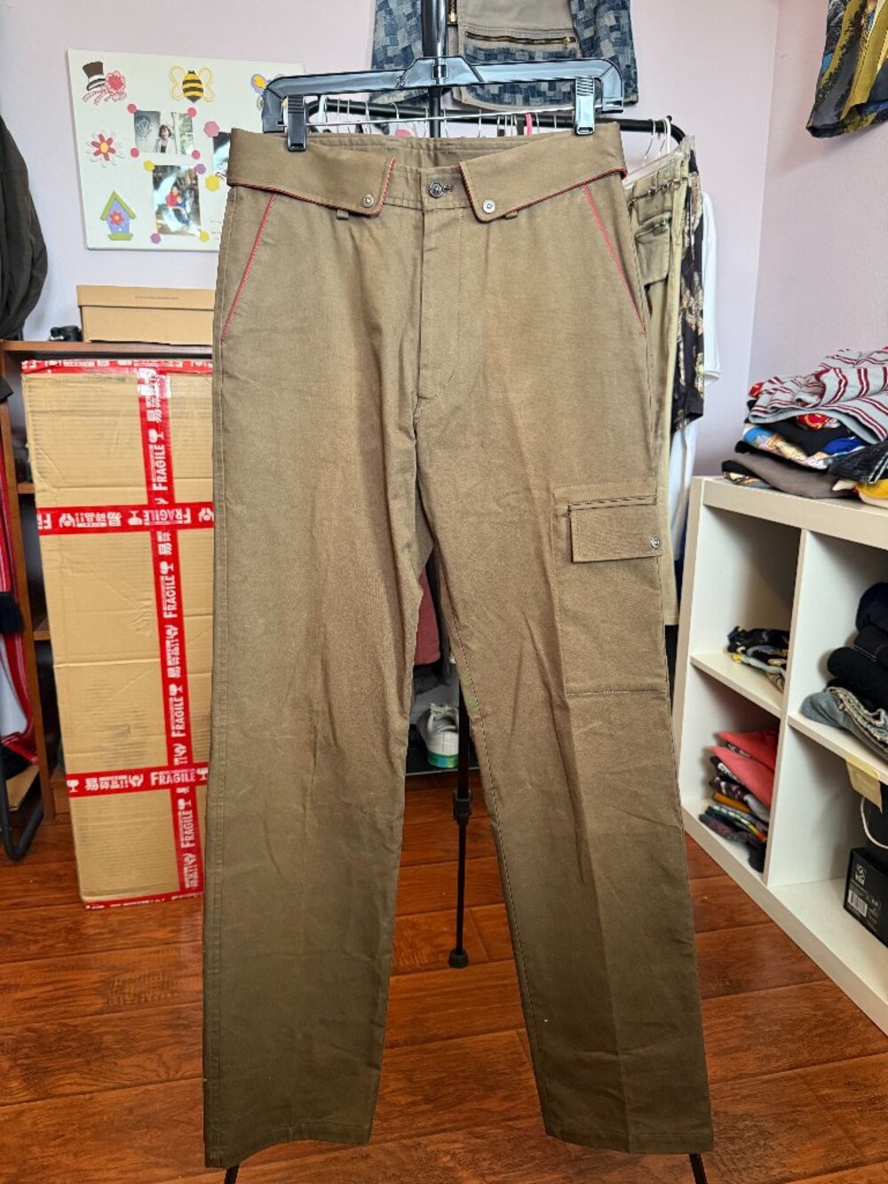 Unique Khaki Military Style Cargo Pants Red Piping Flap Pockets